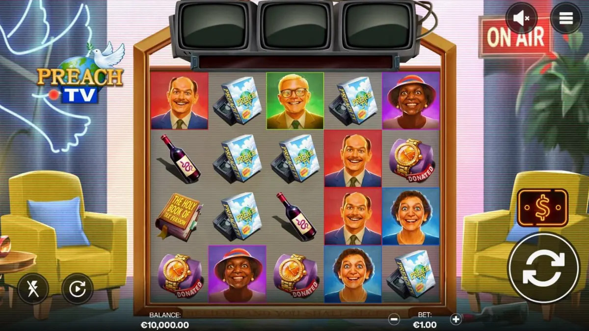 Tampilan layar utama slot Preach TV dengan nuansa studio TV retro 90-an.