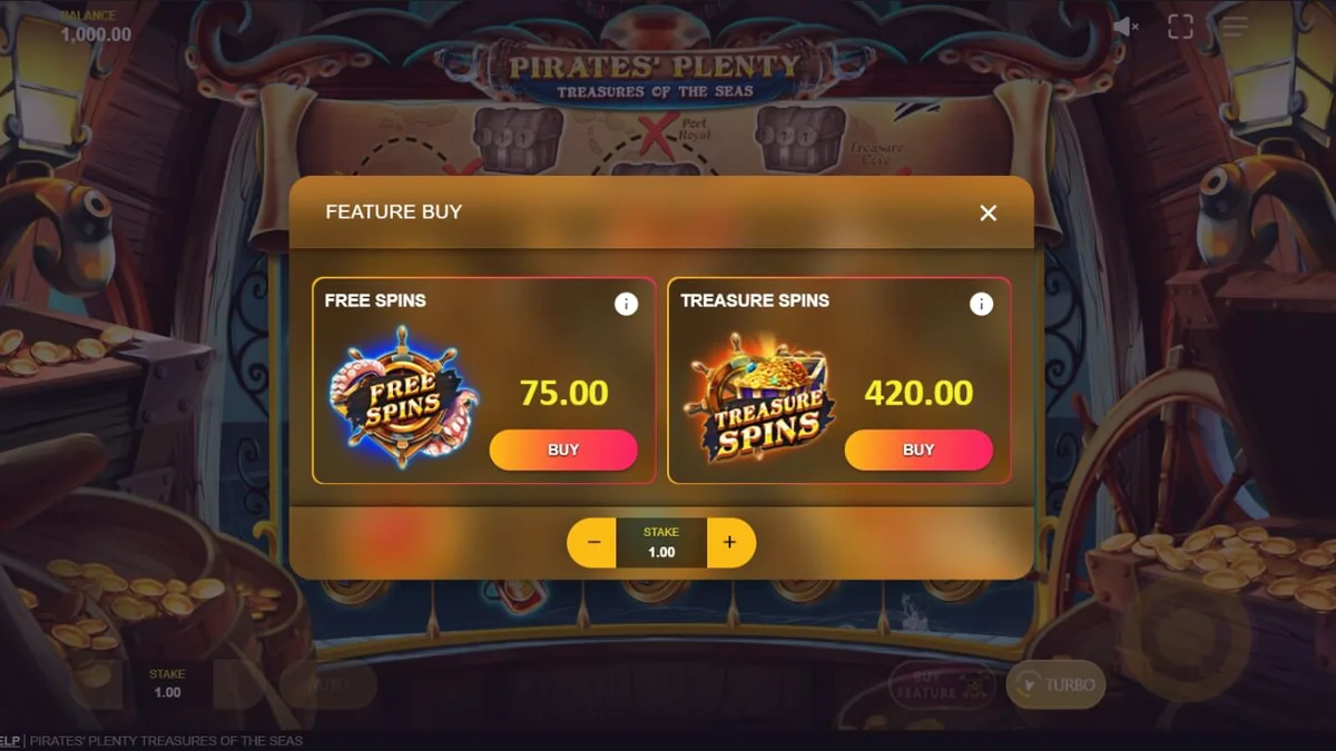 Layar permainan slot Pirates’ Plenty: Treasures of the Seas dengan tema bajak laut