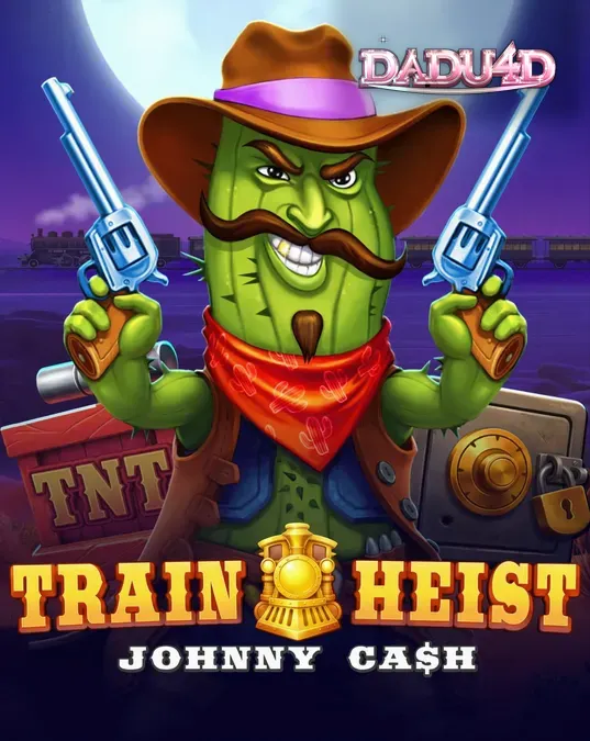 Tampilan visual slot Train Heist Johnny Cash dengan latar belakang gurun dan kereta api